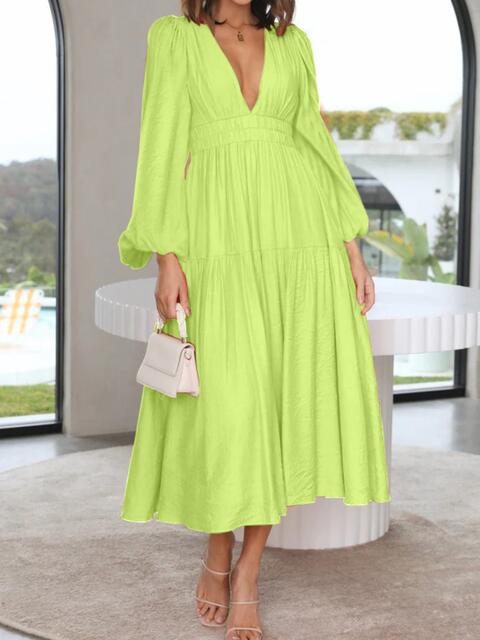 Cora Lea Deep V-Neck Balloon Sleeve Plain Maxi Dress