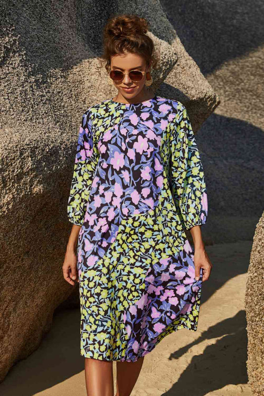 Purple-Green Floral Three Quarter Sleeve Dress