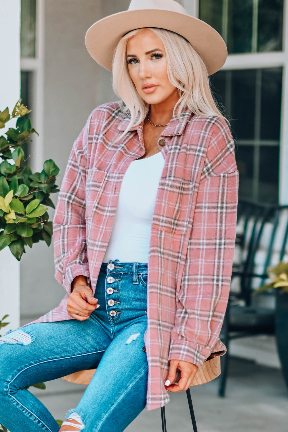 Aaarti&Destiny Full Size Plaid Curved Hem Dropped Shoulder Longline Shirt Jacket