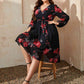 Plus Size Black Floral Surplice Neck Tie Waist Dress