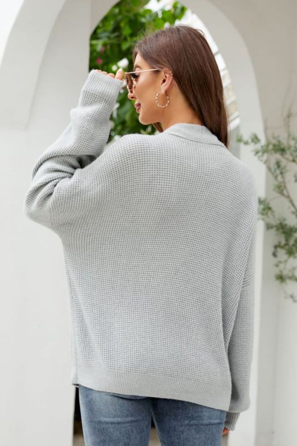 SkyMarie Waffle-Knit Dropped Shoulder Cardigan