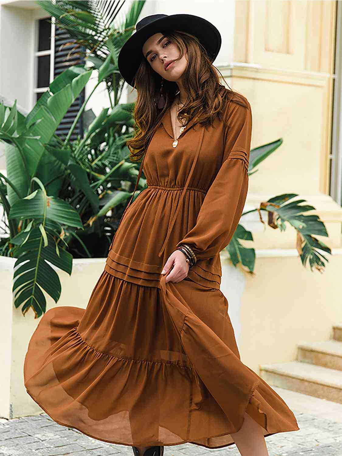 Amelia Tie Neck Long Sleeve Midi Tiered Dress