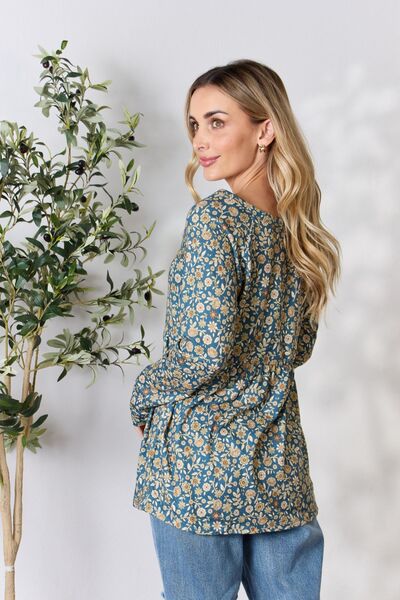 Heimish Full Size Floral Half Button Long Sleeve Blouse *