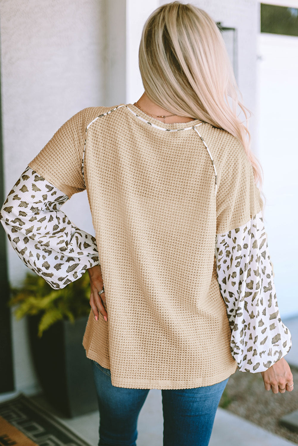 Waffle-Knit Balloon Sleeve Blouse