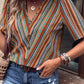 Printed V-Neck Button-Up Short Sleeve Top