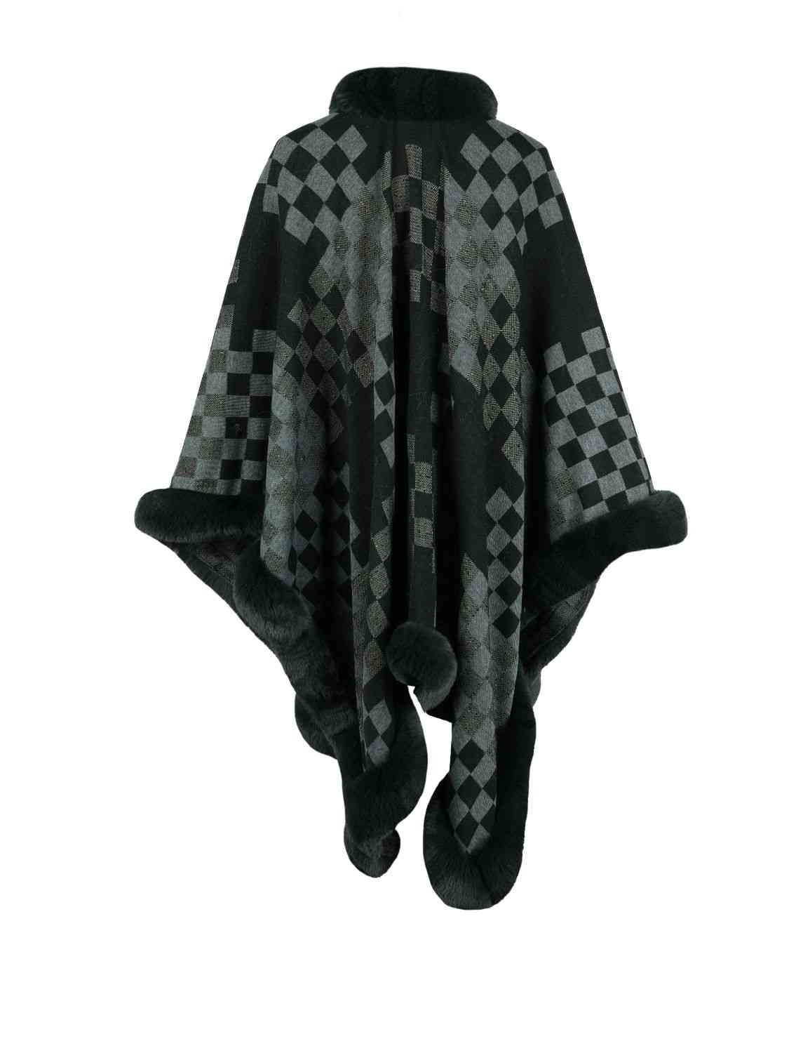 Savannah Jay One Size Checkered Faux Fur Trim Poncho