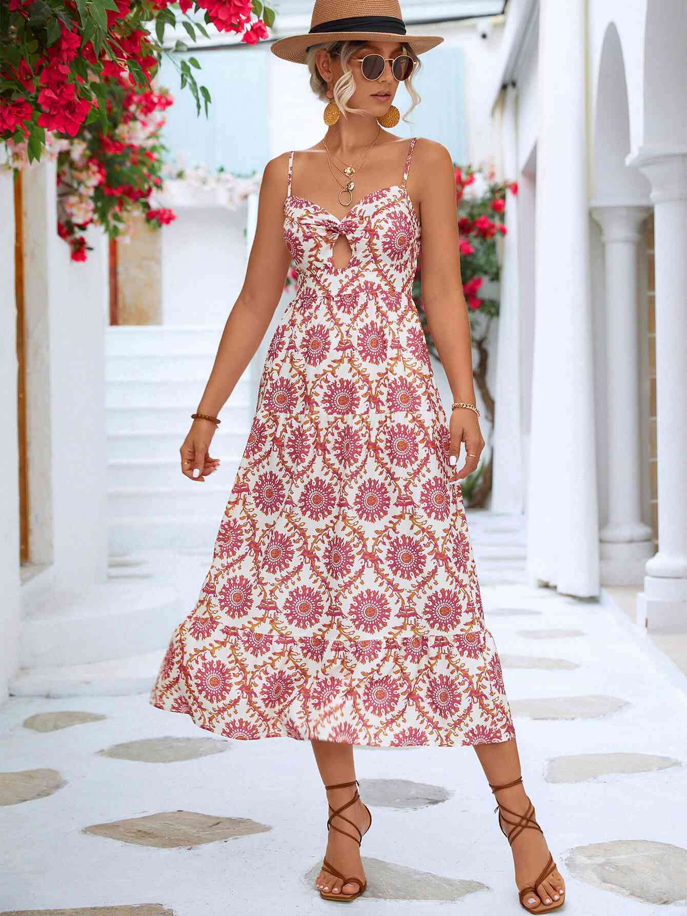 Light Mauve Printed Cutout Spaghetti Strap Midi Dress