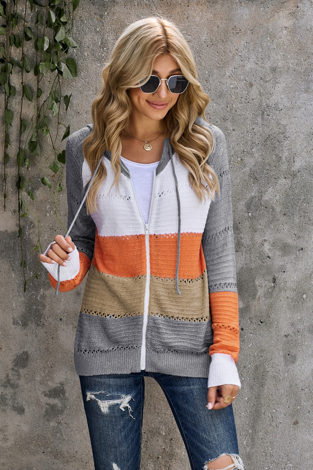 Full Size Zip-Up Raglan Sleeve Openwork Hooded Cardigan