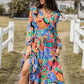 Printed Smocked Tie Neck Balloon Sleeve Maxi Dress