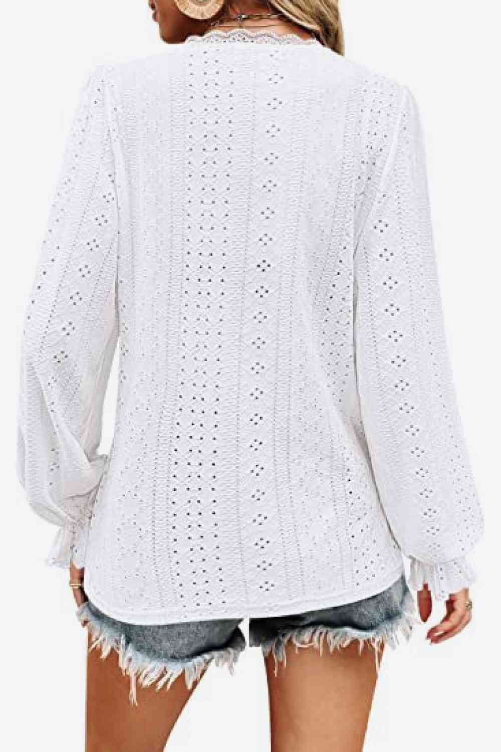 FULL SIZE Eyelet V-Neck Flounce Sleeve Blouse