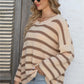 One Size Round Neck Dropped Shoulder Striped Sweater