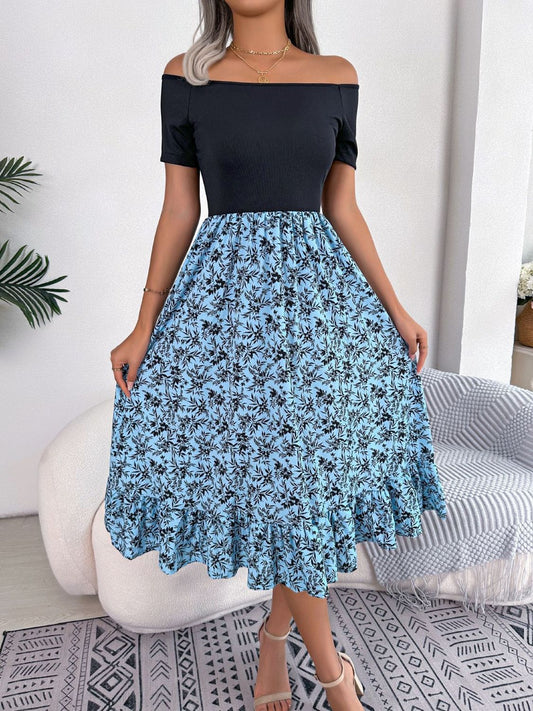 Aaliyah Isla Printed Off-Shoulder Ruffle Hem Dress