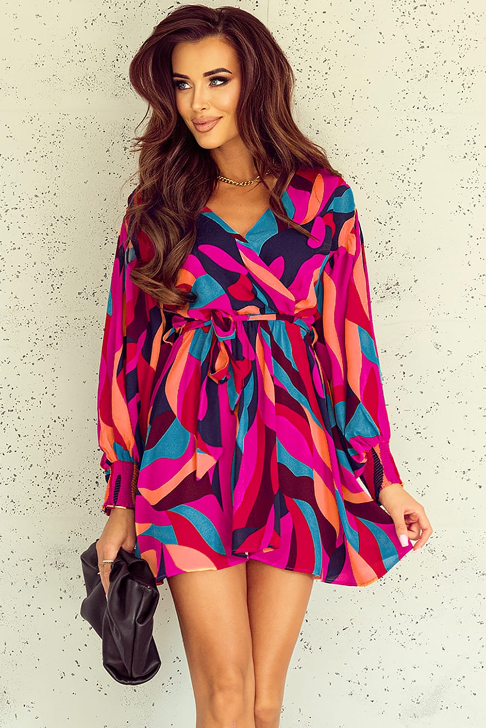 Multicolor Printed Surplice Neck Tie Waist Dress