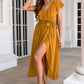 Ruffled Surplice Tie Waist Slit Midi Dress