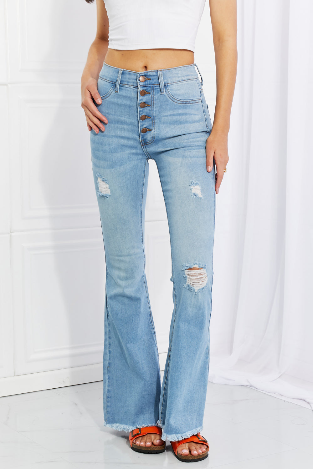 Vibrant MIU Full Size Jess Button Flare Jeans *