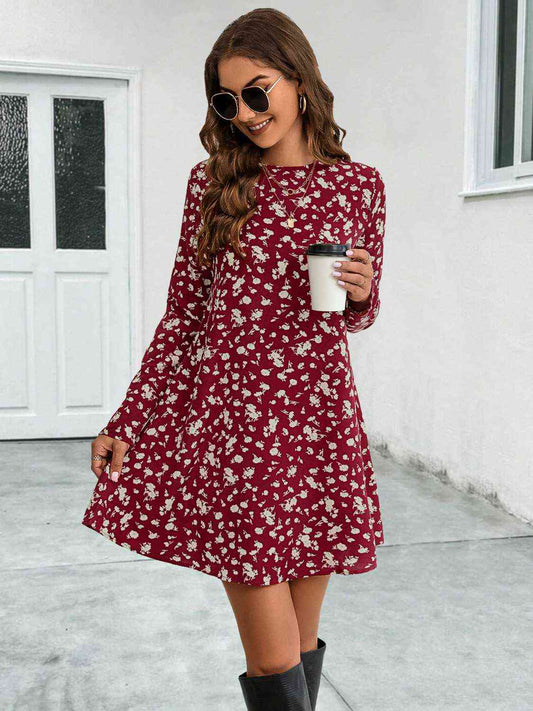 Round Neck Long Sleeve Red Mini Dress