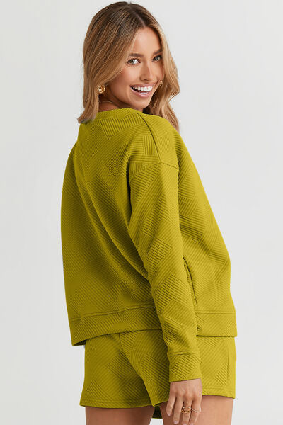 Double Take Full Size Texture Long Sleeve Top and Drawstring Shorts Set *