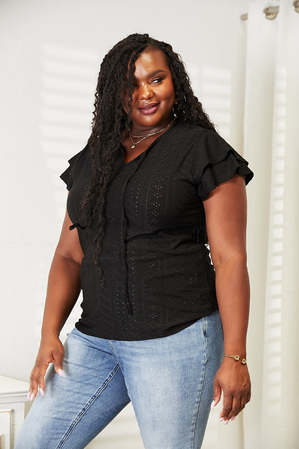 Double Take Black Full Size Eyelet Tie-Neck Flutter Sleeve Blouse *