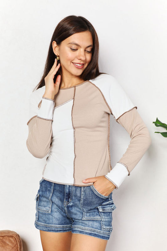 Double Take Khaki Color Block Exposed Seam Top