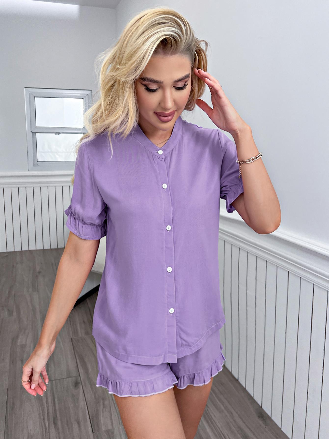 Women's Flounce Sleeve Shirt and Frill Trim Shorts Lounge Set