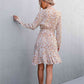 Printed V-Neck Tie Belt Ruffle Hem Mini Dress