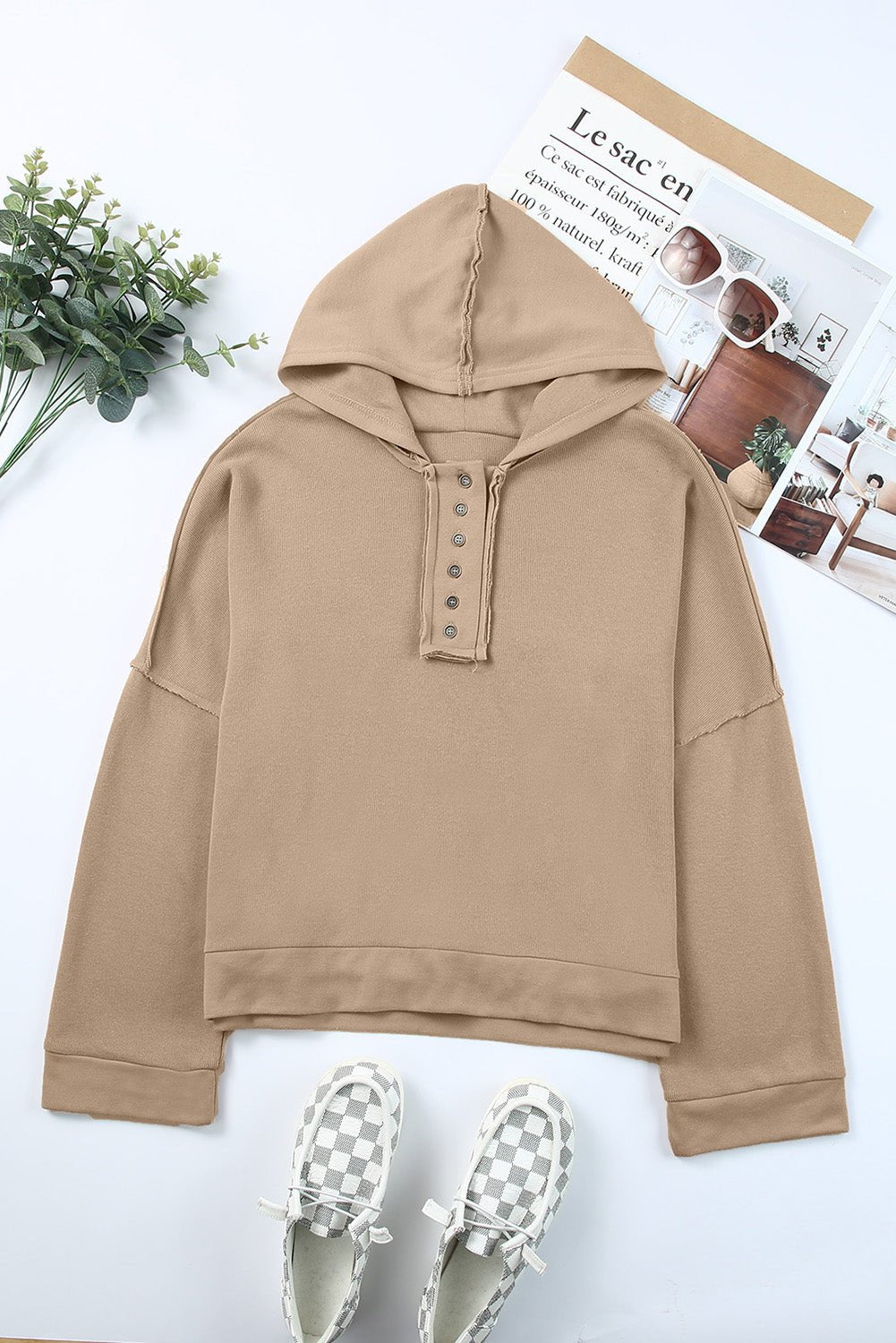 Malibu Dreams Quarter-Button Exposed Seam Dropped Shoulder Hoodie