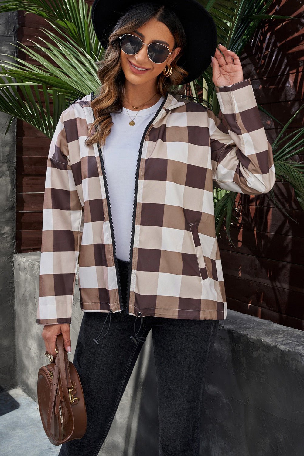 S&T Brown Plaid Drawstring Hem Zip Up Hooded Jacket