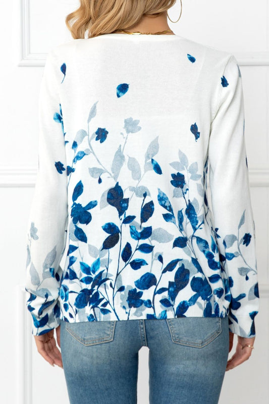 Women's Floral Button Front Round Neck Cardigan