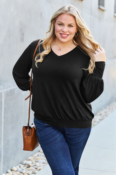 Basic Bae Full Size V-Neck Lantern Sleeve Blouse *