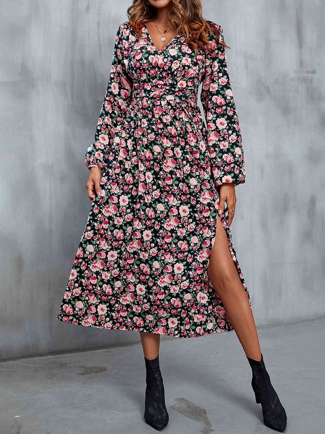 Carnation Pink Floral V-Neck Slit Midi Dress