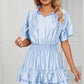 Smocked Tie Neck Flounce Sleeve Dress