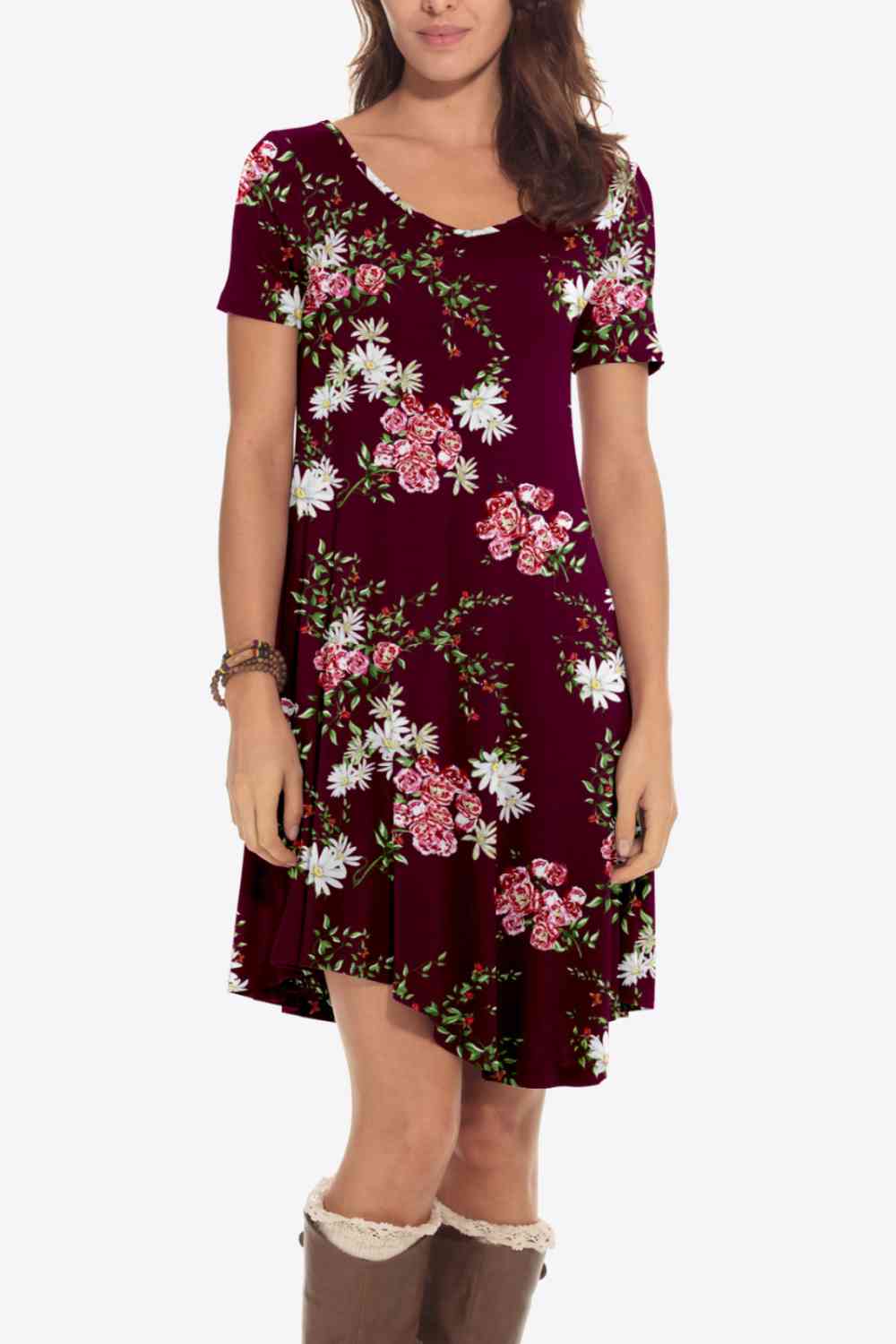 Floral Round Neck Short Sleeve Dress