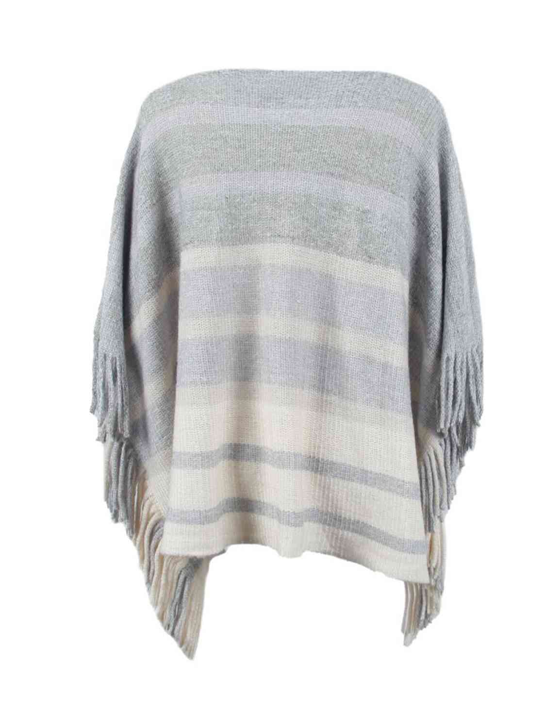 One Size Striped Boat Neck Poncho with Fringes