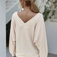 Boat Neck Waffle-knit Lantern Sleeve Blouse with Pocket