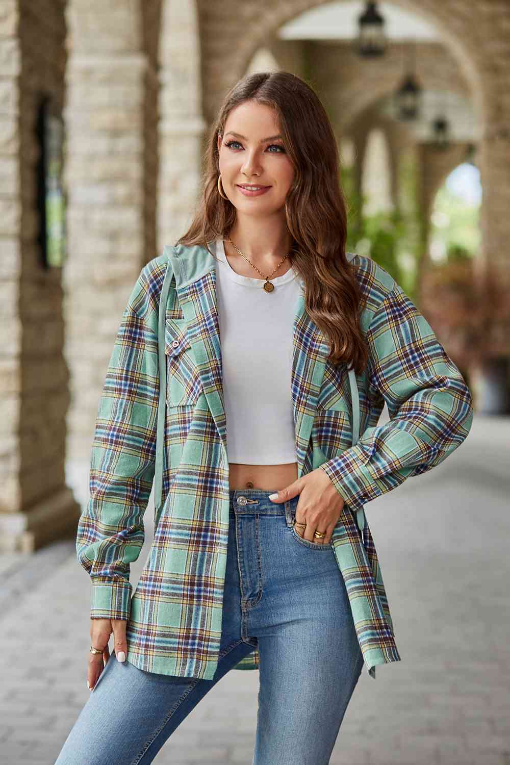 Full Size Plaid Long Sleeve Hooded Jacket