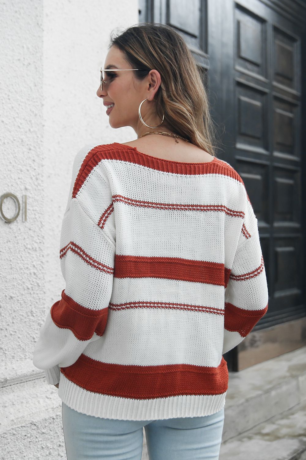 Brilliant Spark Striped V-Neck Drop Shoulder Sweater in Pink or Red