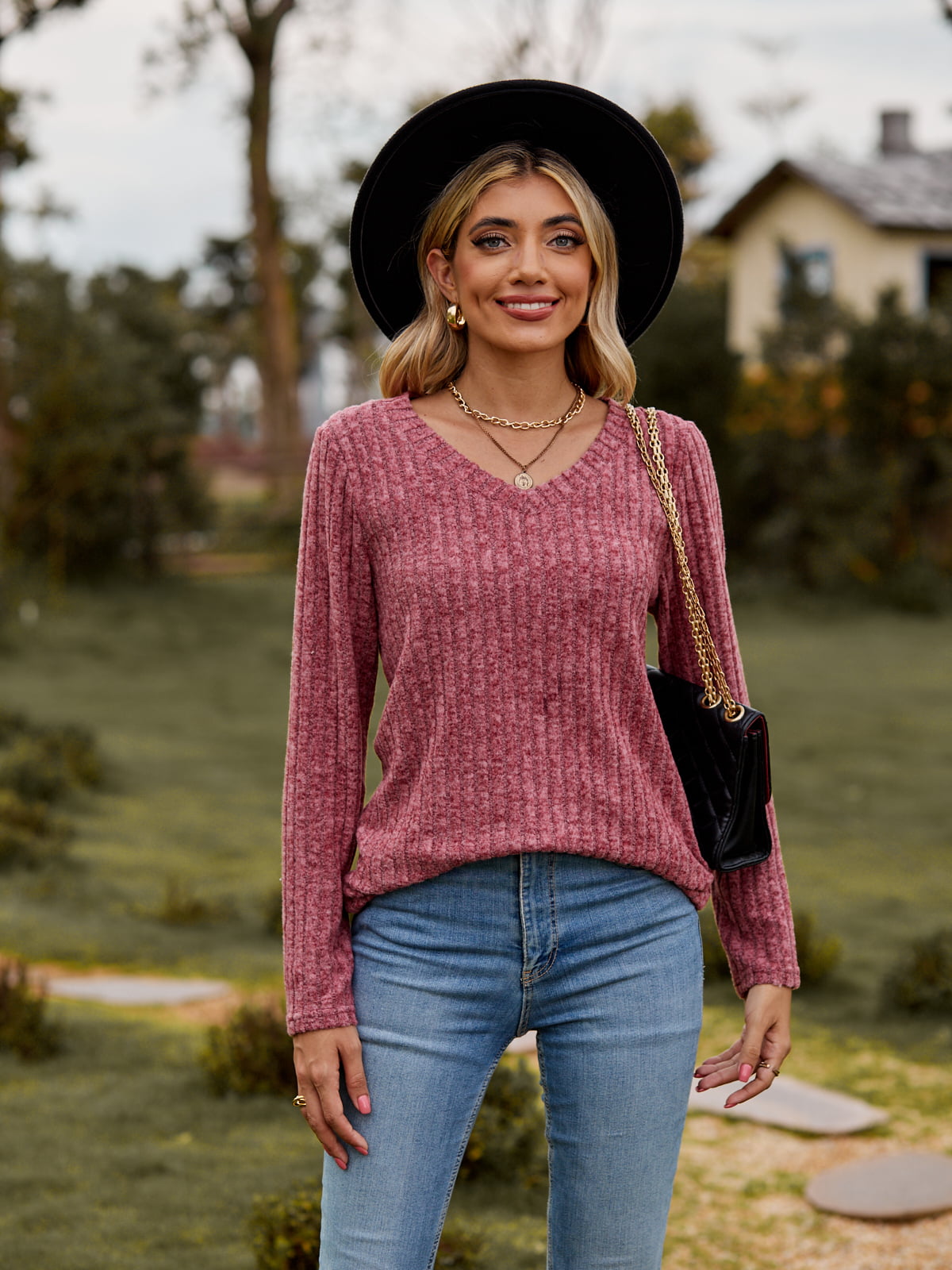 Full Size Ribbed V-Neck Long Sleeve Tee