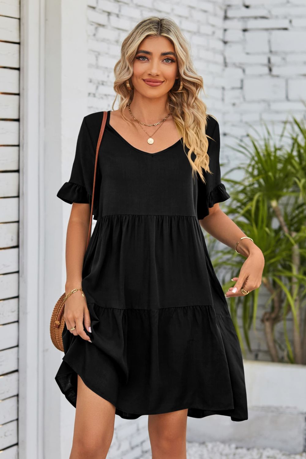 SO BOHO Full Size V-Neck Flounce Sleeve Tiered Dress