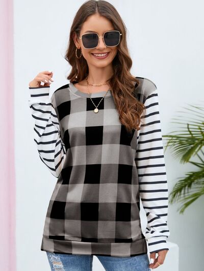 Women's HannahMea Plaid Striped Round Neck Long Sleeve T-Shirt