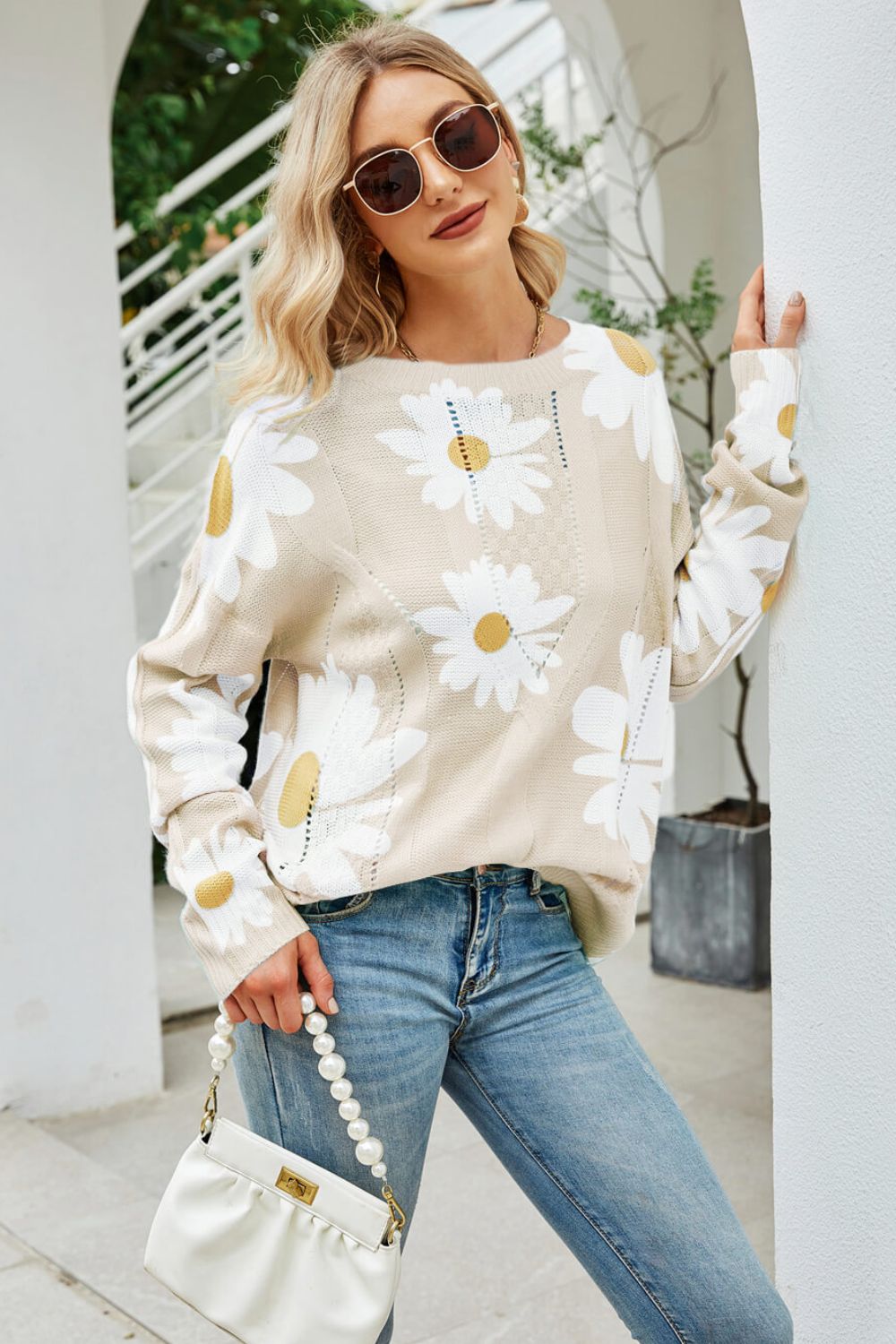 Women's Daisy Print Openwork Round Neck Sweater