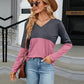 Full Size V-Neck Long Sleeve Two-Tone T-Shirt
