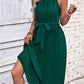 Forest Green Tie Belt Pleated Midi Dress