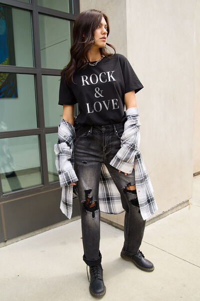 Simply Love Full Size ROCK ＆ LOVE Short Sleeve T-Shirt *