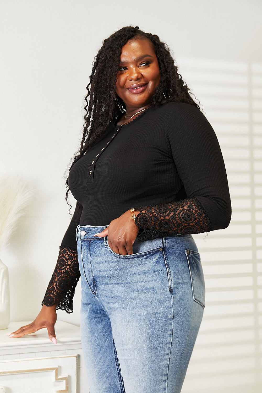 Double Take Black Full Size Crochet Lace Hem Sleeve Button Top *