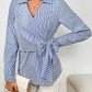 Bow Tie Waist Johnny Collar Neck Striped Blouse