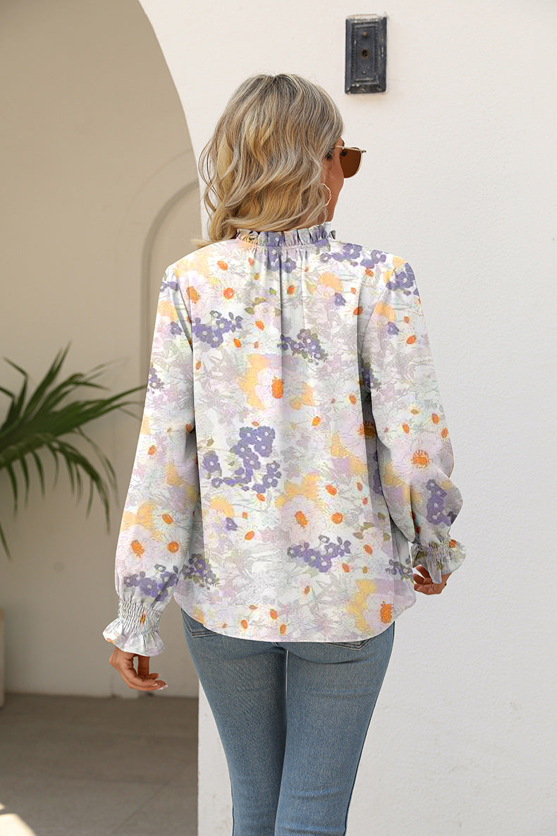 Full Size Printed Tie Neck Flounce Sleeve Blouse