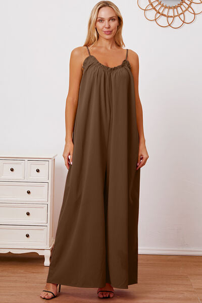 Double Take Full Size Ruffle Trim Tie Back Cami Jumpsuit with Pockets *