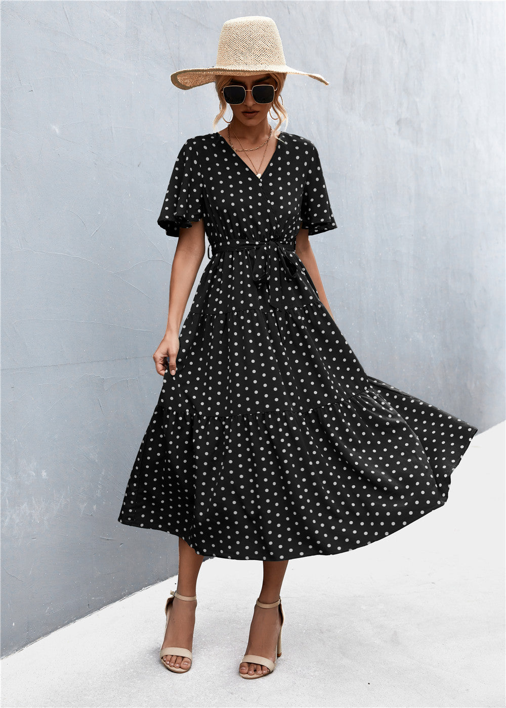 Women's Printed V-Neck Flutter Sleeve Belted Dress