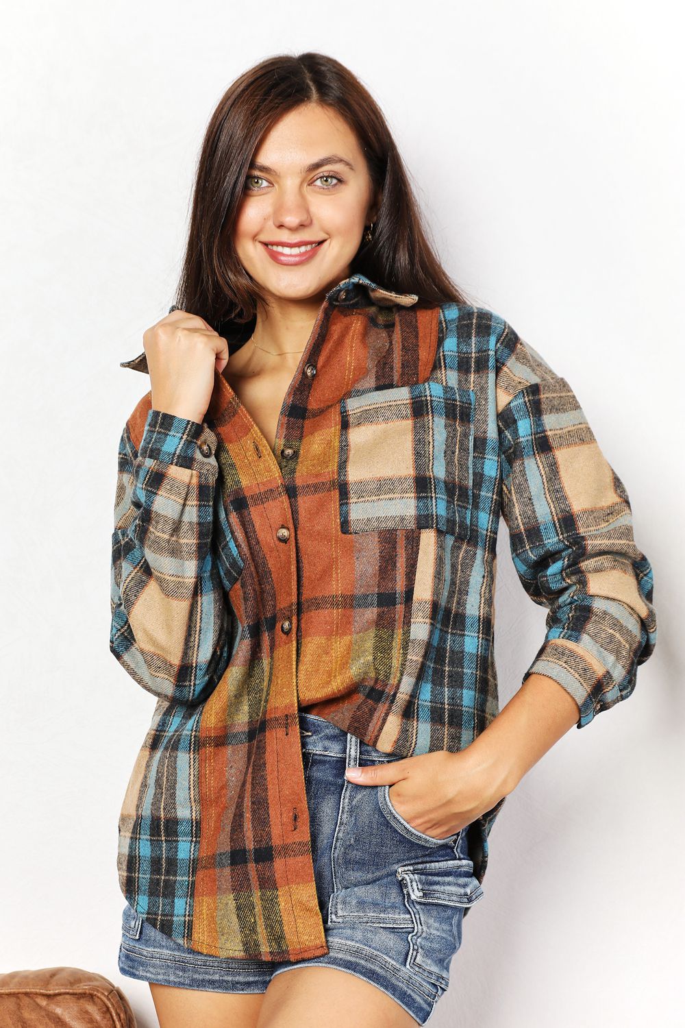 Double Take Full Size Plaid Curved Hem Shirt Jacket with Breast Pockets *