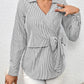 Bow Tie Waist Johnny Collar Neck Striped Blouse